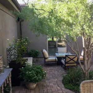 Cozy courtyard with cushioned seating, potted plants, and brick paving, shaded by a tree.