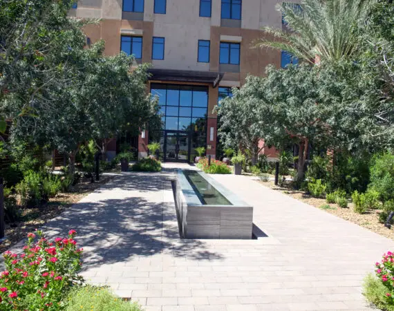 Elegant rectangular water feature in a landscaped pathway leading to a modern building entrance, surrounded by trees, plants, and colorful flowers.