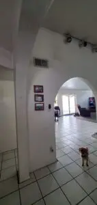 Hallway with arched doorway and white tile floors leading to a living room. A small dog stands in the hallway, with family photos on the wall.